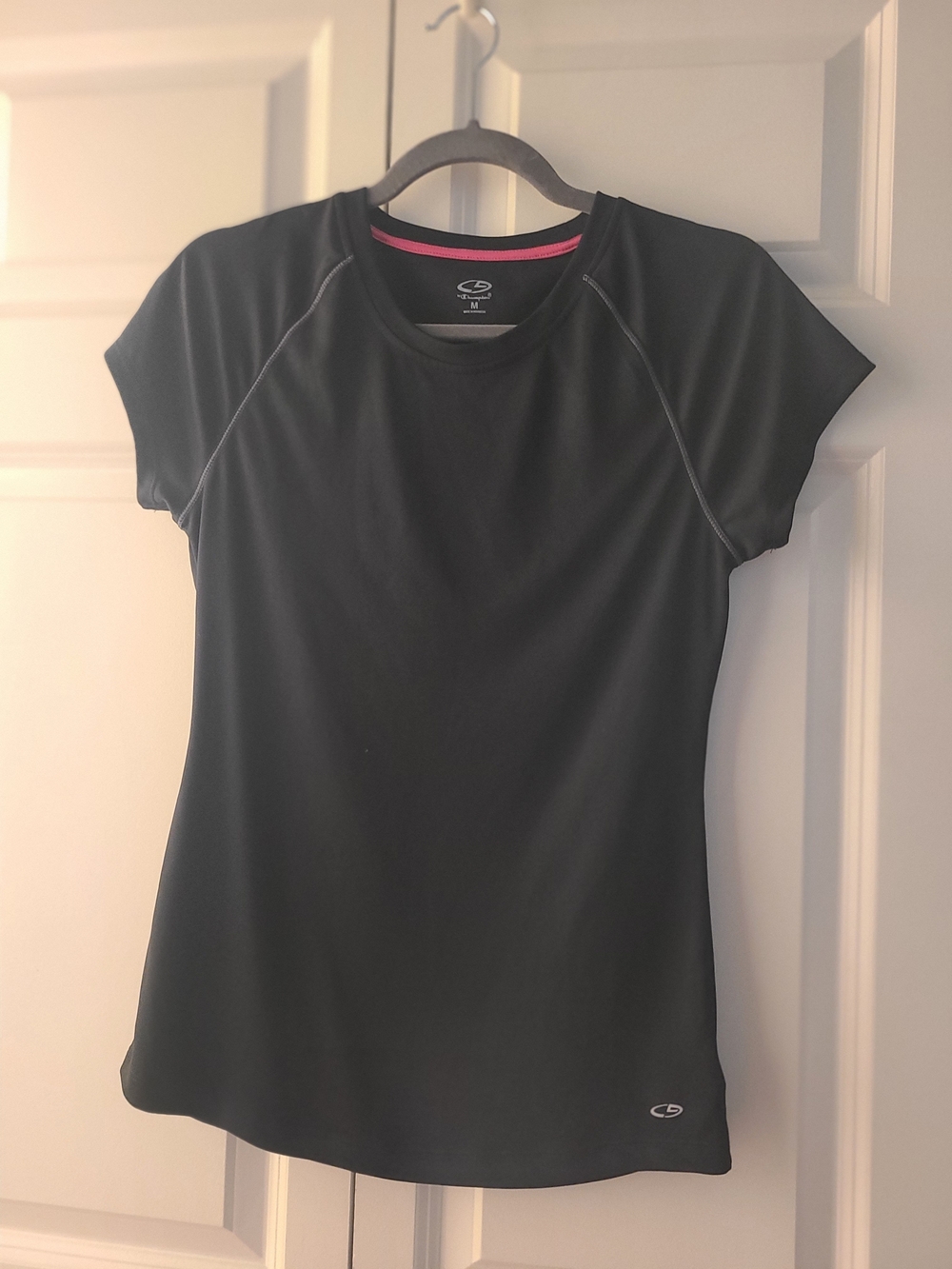 Champion Black Short Sleeve Performance Tee with Pink Neck Trim